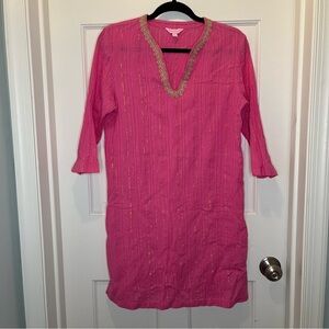 Lilly Pulitzer Esme Pink Tunic Cover-Up Dress with Gold Stripe Size Medium
